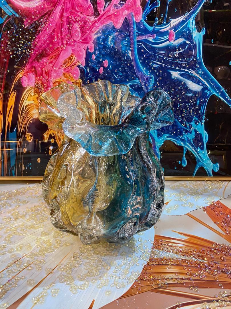 Blue and gold crinkled glass art vase